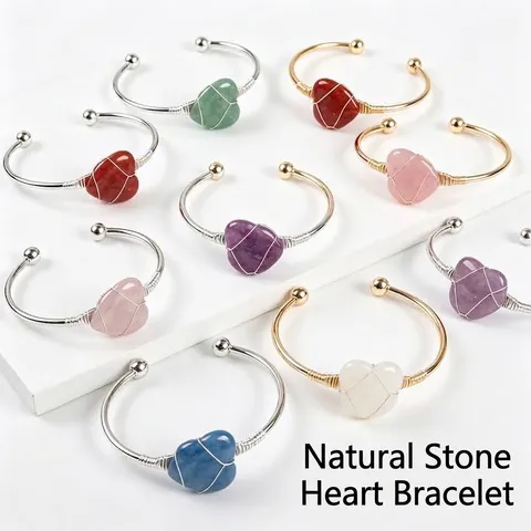 Handmade Wire Wrapped Natural Crystal Heart Bracelet Sterling Silver Inlaid Gold Silver Tone Adjustable Open Cuff For Women
