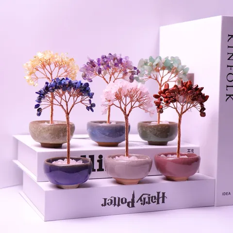 Arbre de Vie en Cristal Naturel avec Base de Tasse en Céramique Fait Main Arbre à Argent en Fil de Cuivre pour Décoration de Bureau Maison