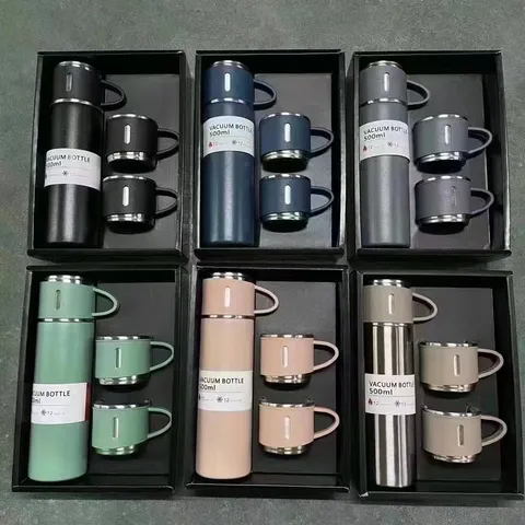 Minimalist 304 Stainless Steel Vacuum Flask Gift Set Modern Portable Travel Water Bottle With Cup Lids Corporate Gift