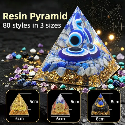 Handmade Resin Orgone Pyramid Healing Natural Crystal Gemstone Ball Statue Home Office Desktop Decor Geometric Pyramid Ornament Yoga Meditation Gift