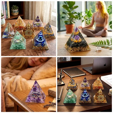 Handmade Resin Orgone Pyramid Healing Natural Crystal Gemstone Ball Statue Home Office Desktop Decor Geometric Pyramid Ornament Yoga Meditation Gift