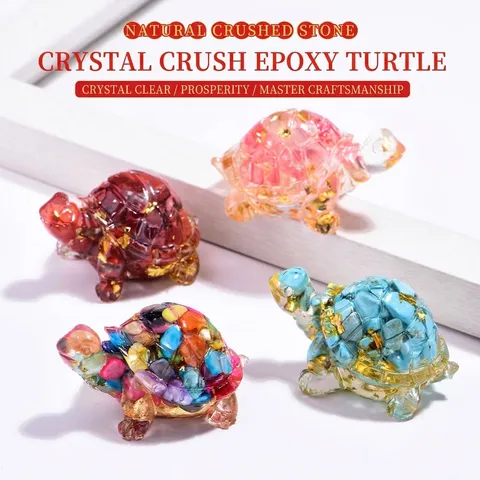 Natural Crystal Stone Resin Turtle Figurine With Gold Foil Accent Mini Animal Sculpture Desk Decoration Wealth Ornament Lucky Gift