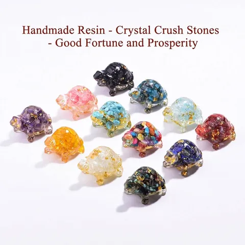 Natural Crystal Stone Resin Turtle Figurine With Gold Foil Accent Mini Animal Sculpture Desk Decoration Wealth Ornament Lucky Gift