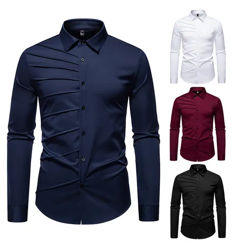 Herren Mode Gefaltet Lässig Langarm Hemd Lockere Passform Reverskragen Button-Down-Hemd Herbst Herren Bekleidung Urban Top