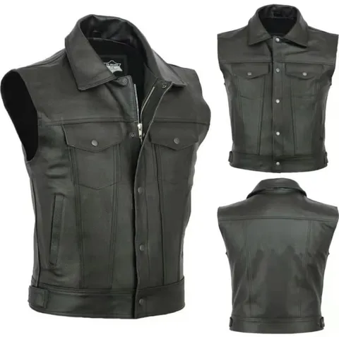 Men's Punk Motorcycle Vest Polyester Faux Leather Look Sleeveless Jacket With Stand Collar Multi Pockets Zipper Snap Top For Casual Riding