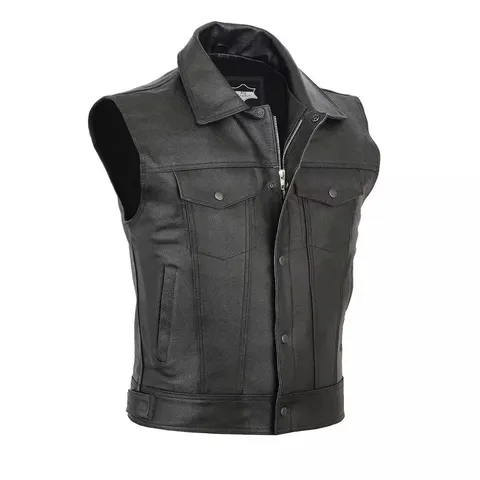 Men's Punk Motorcycle Vest Polyester Faux Leather Look Sleeveless Jacket With Stand Collar Multi Pockets Zipper Snap Top For Casual Riding