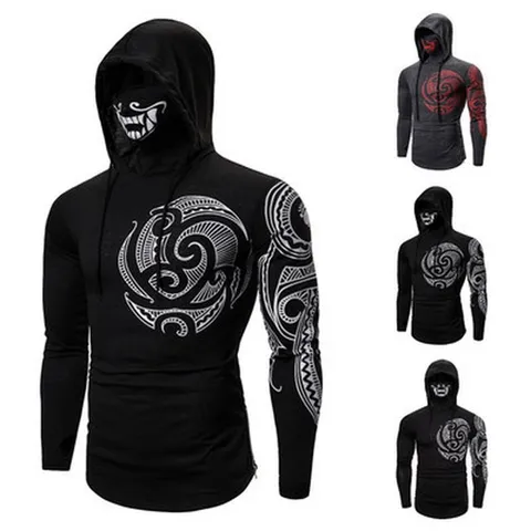 T-Shirt Techwear à Capuche Manches Longues Pour Hommes Avec Masque Facial Imprimé Squelette Ninja Top Pour Fitness Sports