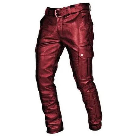 Men's Punk Biker PU Leather Pants Urban Casual Slim Fit Lace-up Faux Leather Trousers With Metal Decoration Motorcycle Pants