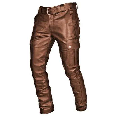 Men's Punk Biker PU Leather Pants Urban Casual Slim Fit Lace-up Faux Leather Trousers With Metal Decoration Motorcycle Pants
