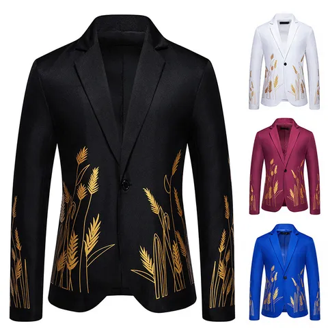 Britse Stijl Heren Goud Korenaar Print Slim Fit Casual Colbert Eén Knoop Revers Polyester Pak Voor Feest Banket