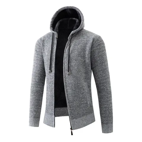 Giacca da Uomo in Maglia con Cappuccio Foderata in Pile Pesante con Cerniera Cardigan Tinta Unita Caldo Cappotto Invernale