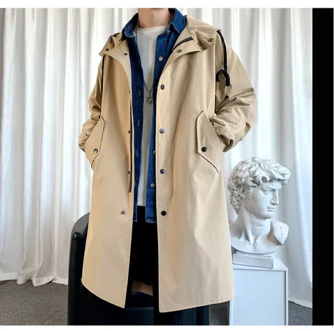 Men's Long Hooded Trench Coat Polyester Solid Color Korean Casual Windbreaker Loose Fit Fashion Long Sleeve Overcoat Jacket Top