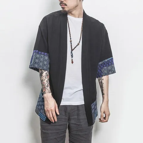 Cardigan Homme Style Chinois en Lin Patchwork Manches Trois-Quarts Rétro Casual Vêtement
