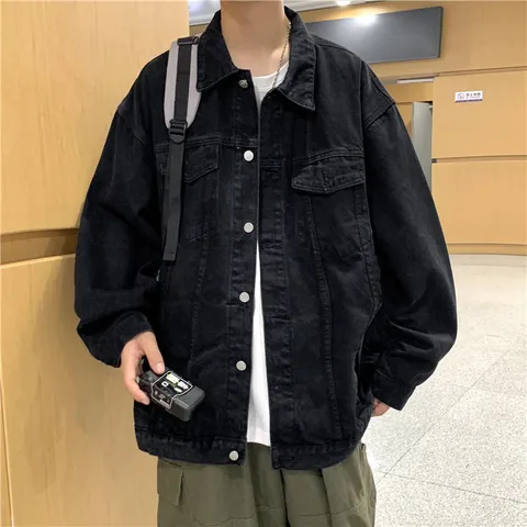 Herren Retro Hongkong-Stil Polyester Jeansjacke Lässiger Lockere Passform Langarmmantel Mit Taschen Für Herbst Winter Alltag