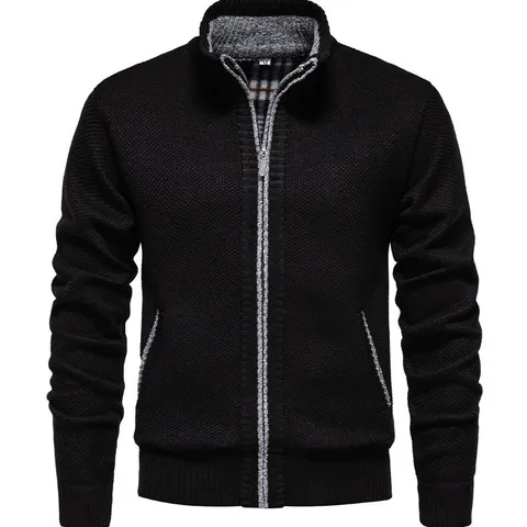 Men's Casual Fleece Lined Knit Cardigan Jacket Slim Fit Stand Collar Color Block Sweater Coat For Autumn Winter Warm Top