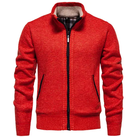 Men's Casual Fleece Lined Knit Cardigan Jacket Slim Fit Stand Collar Color Block Sweater Coat For Autumn Winter Warm Top