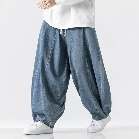 Jean Harem Ample Style Japonais pour Hommes Streetwear Américain Pantalon en Denim Jambe Large Oversized Lavé Décontracté en Coton Long