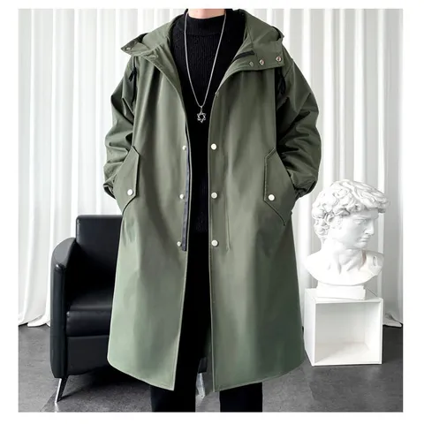 Men's Long Hooded Trench Coat Polyester Solid Color Korean Casual Windbreaker Loose Fit Fashion Long Sleeve Overcoat Jacket Top