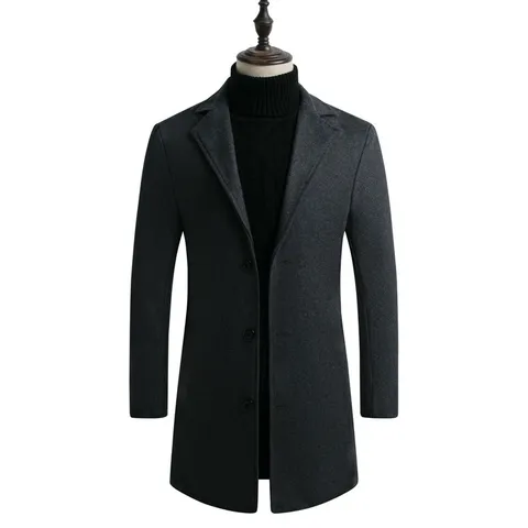 Manteau en Laine Mi-Long pour Hommes Coupe Ajustée Business Décontracté Manteau Revers Boutonnage Simple Coupe-Vent Hiver Chaud Extérieur Polyester