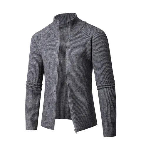 Cardigan Décontracté pour Hommes Col Montant Fermeture Éclair Pull Tricot à Côtes Veste Mélange de Polyester Couleur Unie Haut