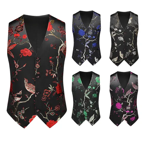 Men Slim Fit V-Neck Suit Waistcoat Fashion Floral Print Vest For Business Banquet Party Wedding Sleeveless Jacket Top