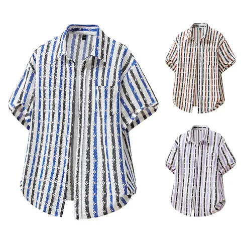 Heren Gebreid Gestreept Overhemd met Korte Mouwen Casual Strand Revers Top Polyester Gebreide Textuur Zomermode