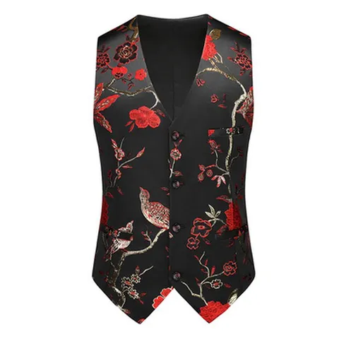 Men Slim Fit V-Neck Suit Waistcoat Fashion Floral Print Vest For Business Banquet Party Wedding Sleeveless Jacket Top