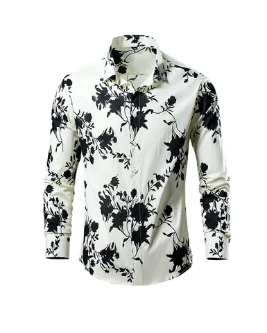 Chemise à Manches Longues pour Hommes Imprimé Floral Décontracté Style Coréen Col à Revers Haut en Mélange de Coton Polyester