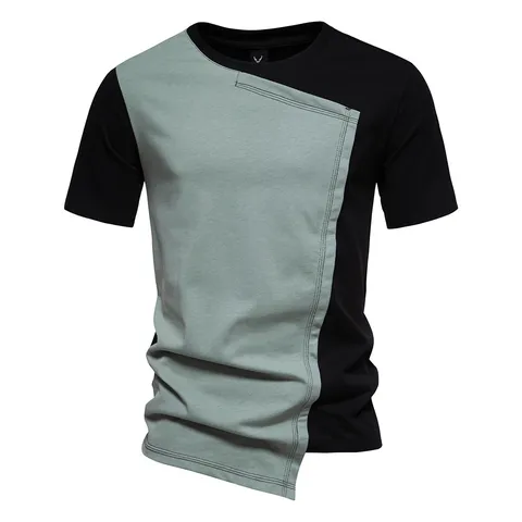 T-Shirt Homme Patchwork Irrégulier Manches Courtes Polyester Color Block Col Rond Streetwear Haut Décontracté pour Été Vêtements