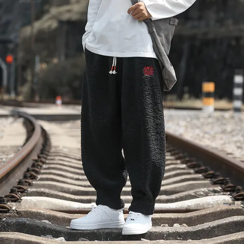 Pantalon en Laine d'Agneau Épaissi pour Homme Style Chinois Broderie Décontracté Large Polaire Chaud Jogging Rétro