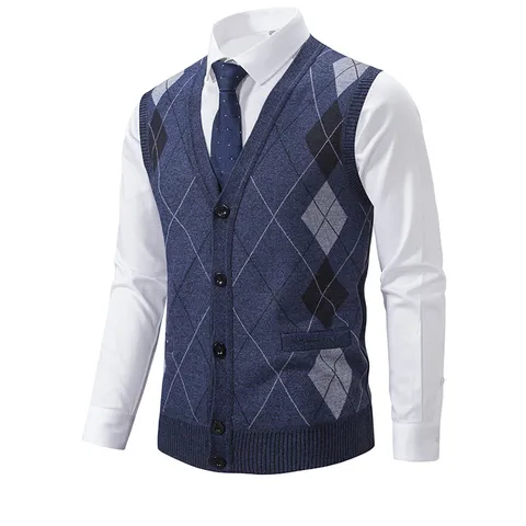 Men Retro Argyle Knitted Vest V-Neck Cardigan Sleeveless Rabbit Hair Blend Sweater Waistcoat For Autumn Winter Daily Casual Top