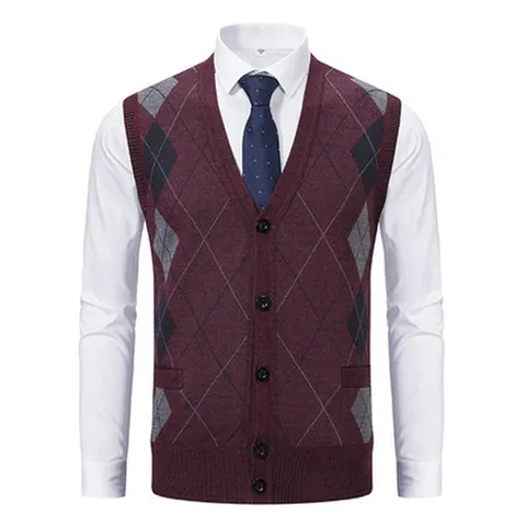 Men Retro Argyle Knitted Vest V-Neck Cardigan Sleeveless Rabbit Hair Blend Sweater Waistcoat For Autumn Winter Daily Casual Top