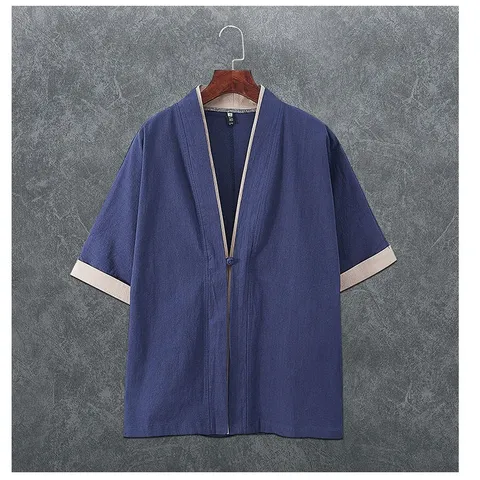 Men's Retro Chinese Style Hanfu Tang Suit Cardigan Linen Frog Button Half Sleeve Casual Outerwear Open Front Top Coat