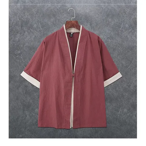 Men's Retro Chinese Style Hanfu Tang Suit Cardigan Linen Frog Button Half Sleeve Casual Outerwear Open Front Top Coat