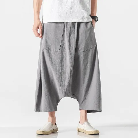 Men Casual Cotton Linen Blend Harem Pants Loose Cropped Trousers Chinese Style Drawstring Summer Bottoms