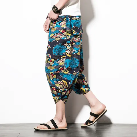 Men's Ethnic Style Linen Cropped Pants 2024 Spring Summer New Chinese Style Loose Relaxed Fit Floral Elephant Printed Harem Pants Casual Wide Leg Bottoms For Men