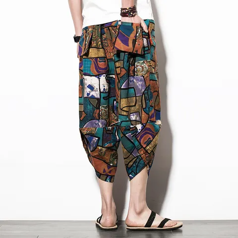 Men's Ethnic Style Linen Cropped Pants 2024 Spring Summer New Chinese Style Loose Relaxed Fit Floral Elephant Printed Harem Pants Casual Wide Leg Bottoms For Men