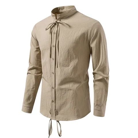 Heren Middeleeuws Piratenhemd Katoen Lange Mouwen Trekkoord Vetersluiting Renaissance Tops Gothic Retro Casual Steampunk Overhemd Slim Fit Effen Kleur Top