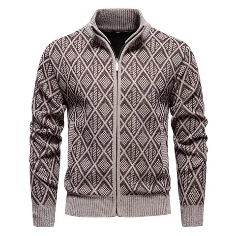 Heren Gebreid Vest Met Opstaande Kraag Herfst Winter Verdikt Slim Fit Ruitpatroon Trui Met Rits Top Voor Casual Wear