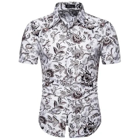 Camicia Floreale a Maniche Corte Casual Estiva da Uomo in Poliestere Stampato con Bottoni Revers Tropicale Hawaiana da Spiaggia