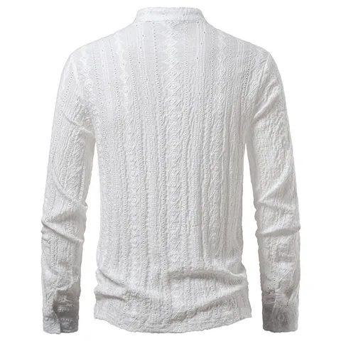 Herren Jacquard V-Ausschnitt Schnürung Langarm Hemd Atmungsaktives Polyester Casual Top Für Den Alltag Mode Urban Stil Hemd