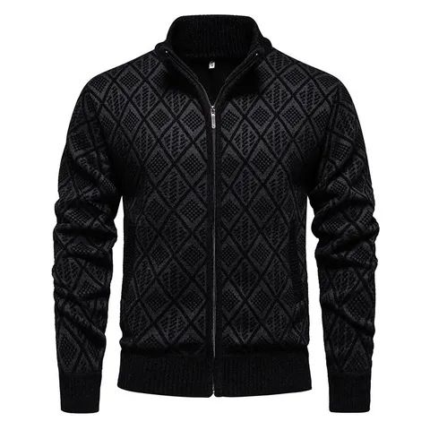 Heren Gebreid Vest Met Opstaande Kraag Herfst Winter Verdikt Slim Fit Ruitpatroon Trui Met Rits Top Voor Casual Wear