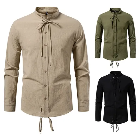 Heren Middeleeuws Piratenhemd Katoen Lange Mouwen Trekkoord Vetersluiting Renaissance Tops Gothic Retro Casual Steampunk Overhemd Slim Fit Effen Kleur Top