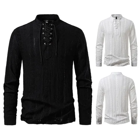 Herren Jacquard V-Ausschnitt Schnürung Langarm Hemd Atmungsaktives Polyester Casual Top Für Den Alltag Mode Urban Stil Hemd