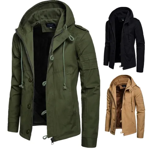 Giacca in Cotone con Cappuccio da Uomo Moda Casual Cappotto All'aperto Antivento Con Cerniera Spalline Multitasca Manica Lunga