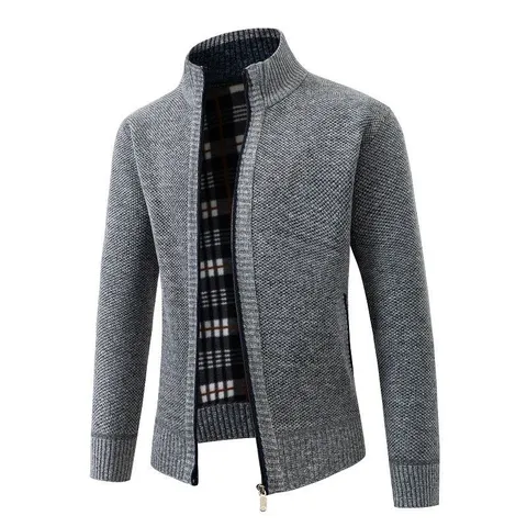 Men's Casual Fleece Lined Stand Collar Knit Cardigan Sweater Full Zip Thick Winter Jacket Polyester Long Sleeve Outerwear Top