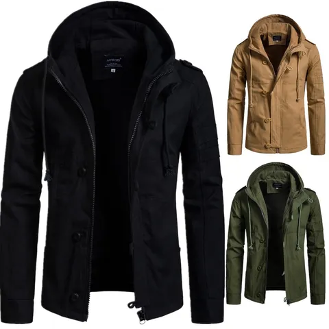 Giacca in Cotone con Cappuccio da Uomo Moda Casual Cappotto All'aperto Antivento Con Cerniera Spalline Multitasca Manica Lunga