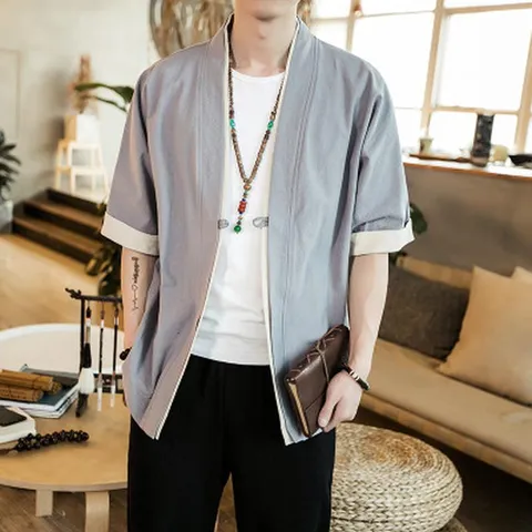 Chinese Style Men Linen Cardigan Frog Button Five-Quarter Sleeve Patchwork Top Retro Casual Hanfu Shirt