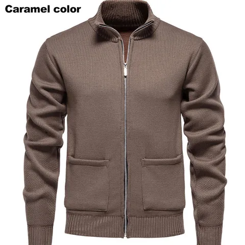 Men's Casual Stand Collar Full Zip Knit Cardigan Sweater Solid Color Long Sleeve Ribbed Trim Fashion Business Urban Tops