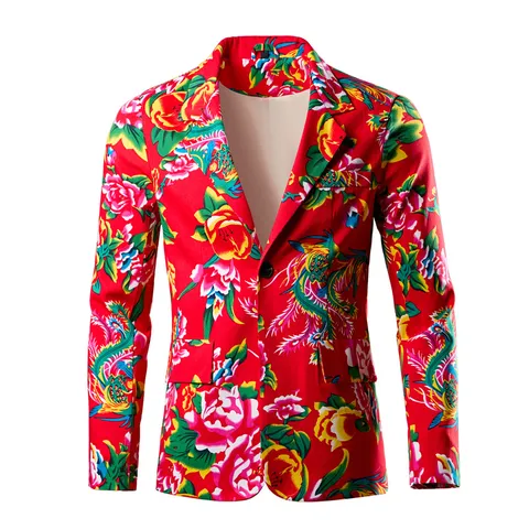 Men's Retro Chinese Style Floral Print Casual Blazer Single Breasted Long Sleeve Suit Jacket For Spring Autumn